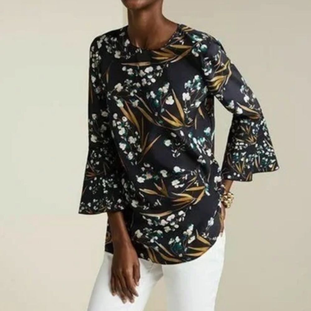 Lafayette 148 Womens Sidra Silk Floral Print Top Size Small Bell 3/4 Sleeve